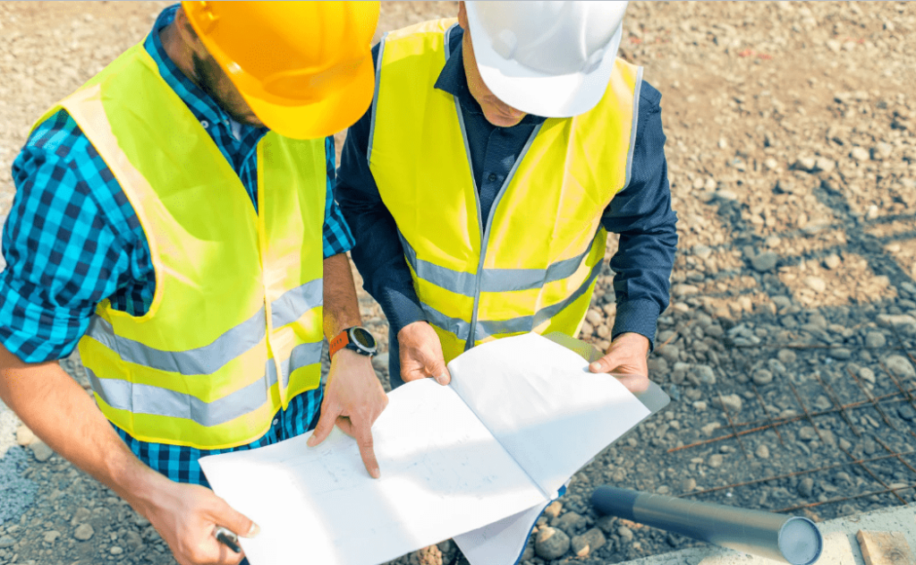 dos personas mirando planos de dirección de obra ingnova